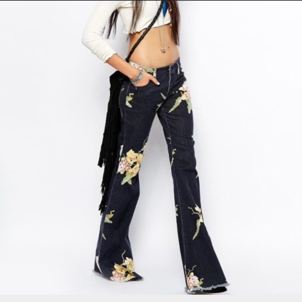 Free People Dark Floral Flare Jeans